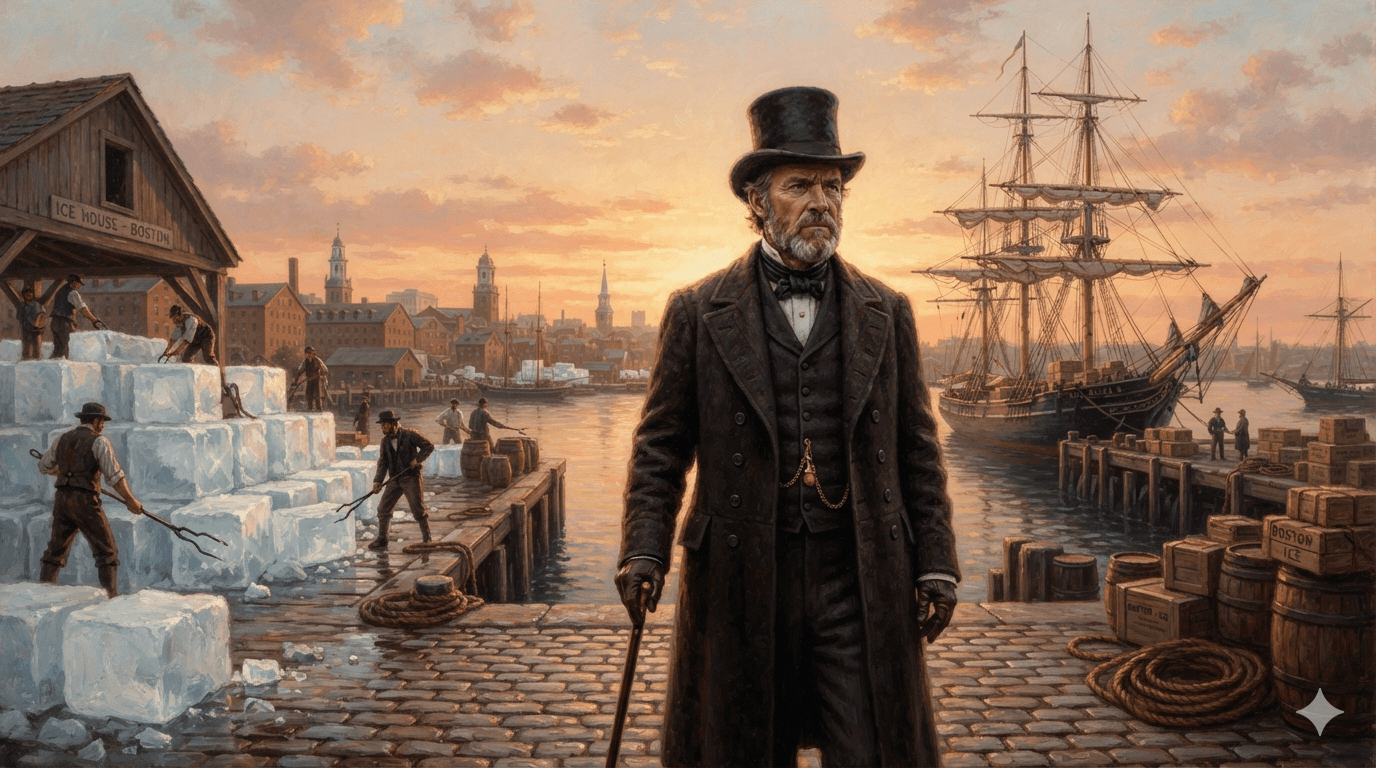 Retrato pictórico de un empresario del siglo XIX frente al puerto de Boston, con bloques de hielo apilados y un velero al fondo