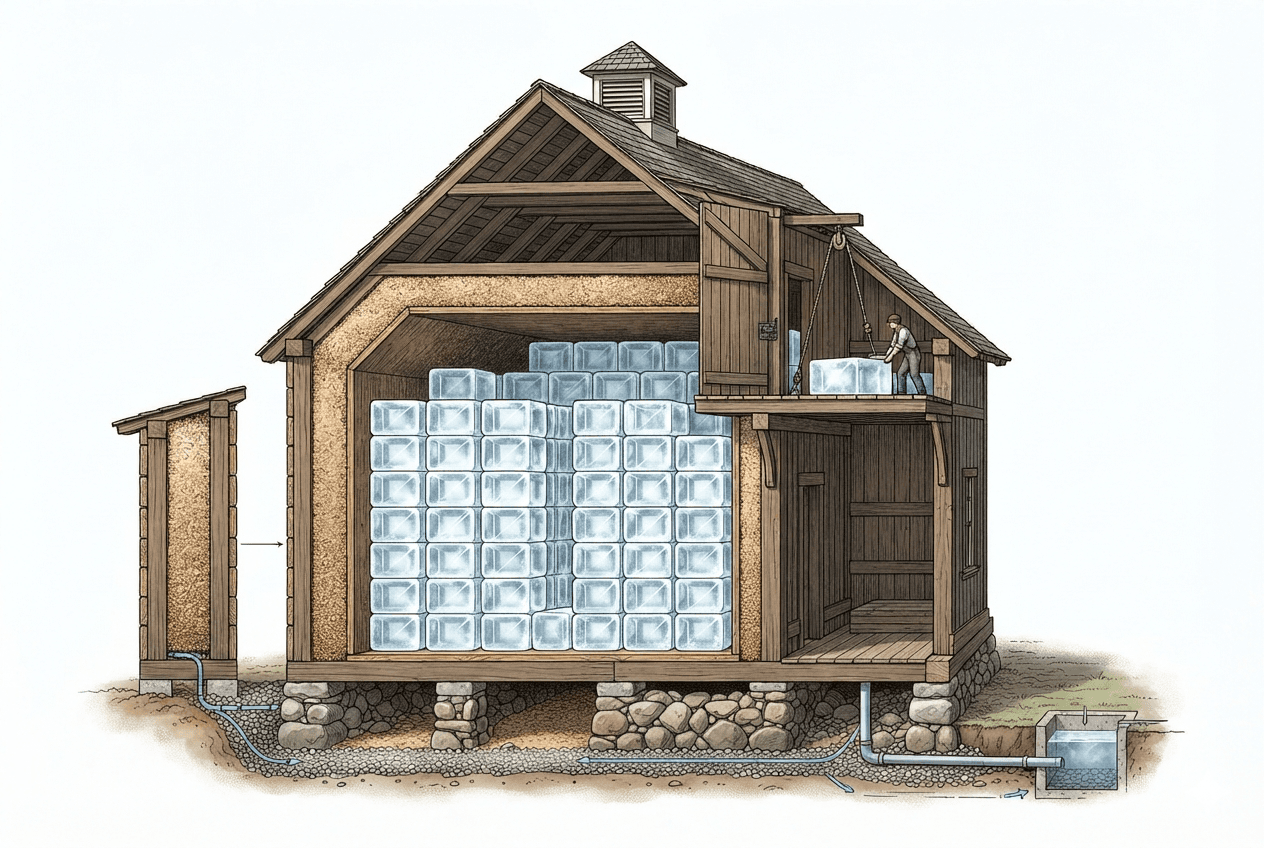 Diagrama de una icehouse del siglo XIX con aislamiento de aserrín para conservar hielo