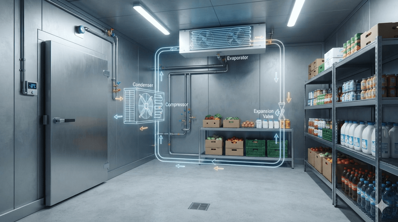 Cámara fría comercial de un negocio con un diagrama sutil y elegante del ciclo de refrigeración superpuesto