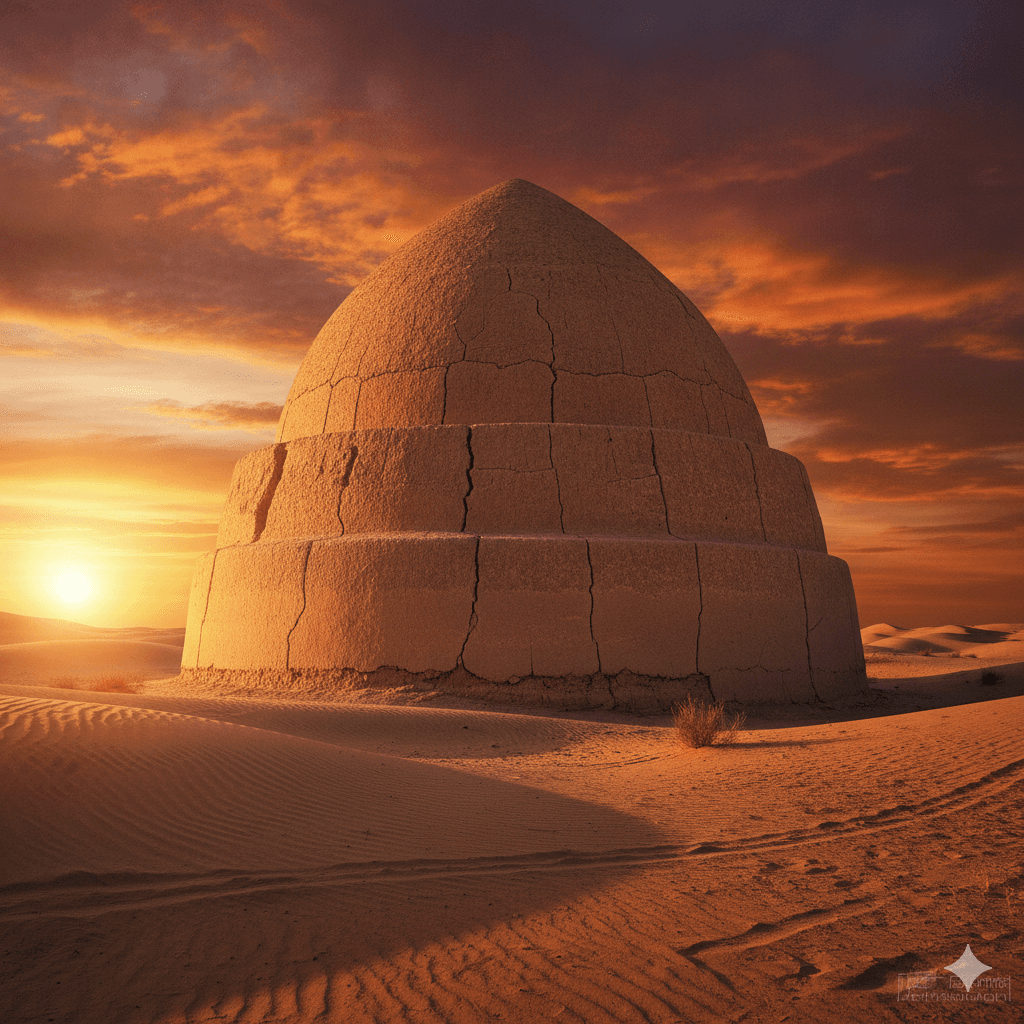 Cúpula de adobe yakhchāl en el desierto persa al atardecer